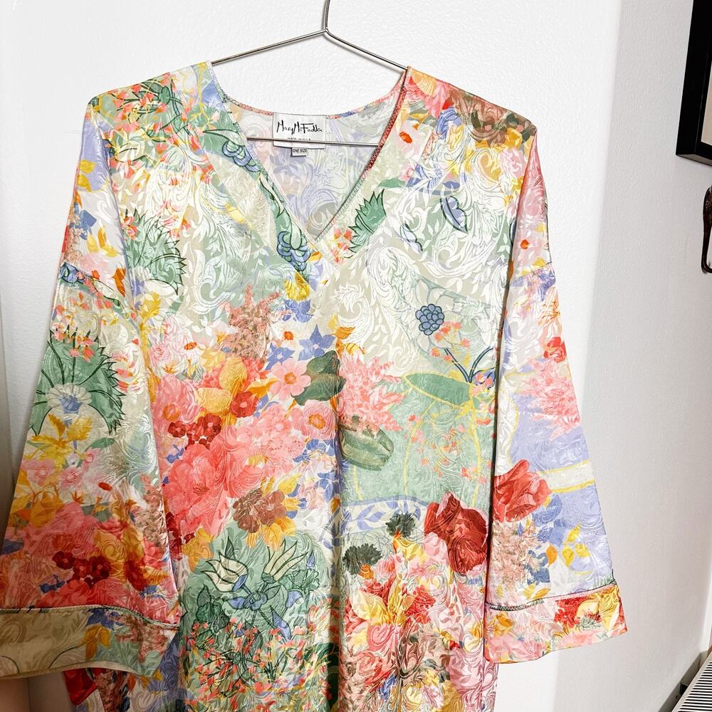 VTG Mary McFadden Long Caftan Mumu House Dress Abstract Floral Pattern One Size - Picture 2 of 12